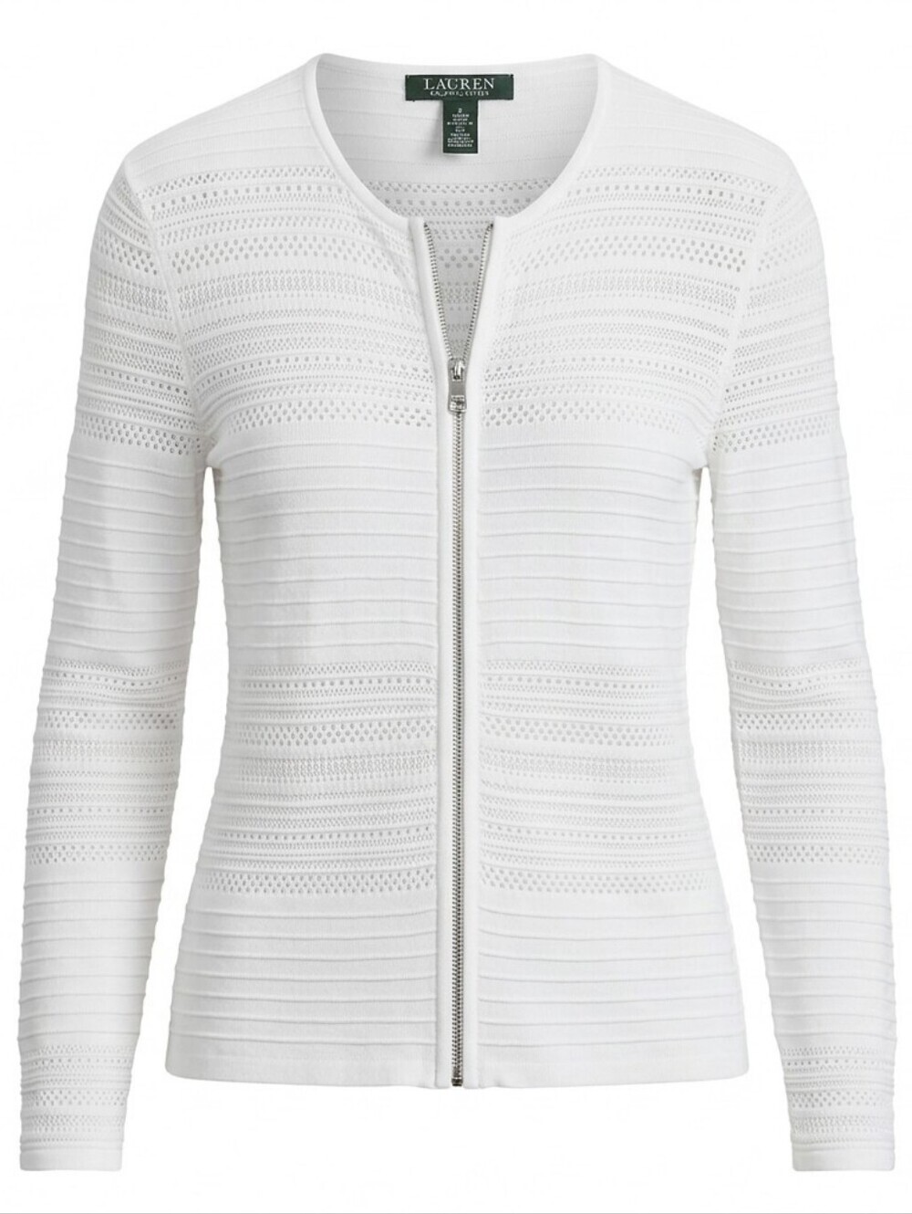 Lauren Ralph Lauren Pointelle Cardigan Small White Zip Front Quiet Luxury NWT